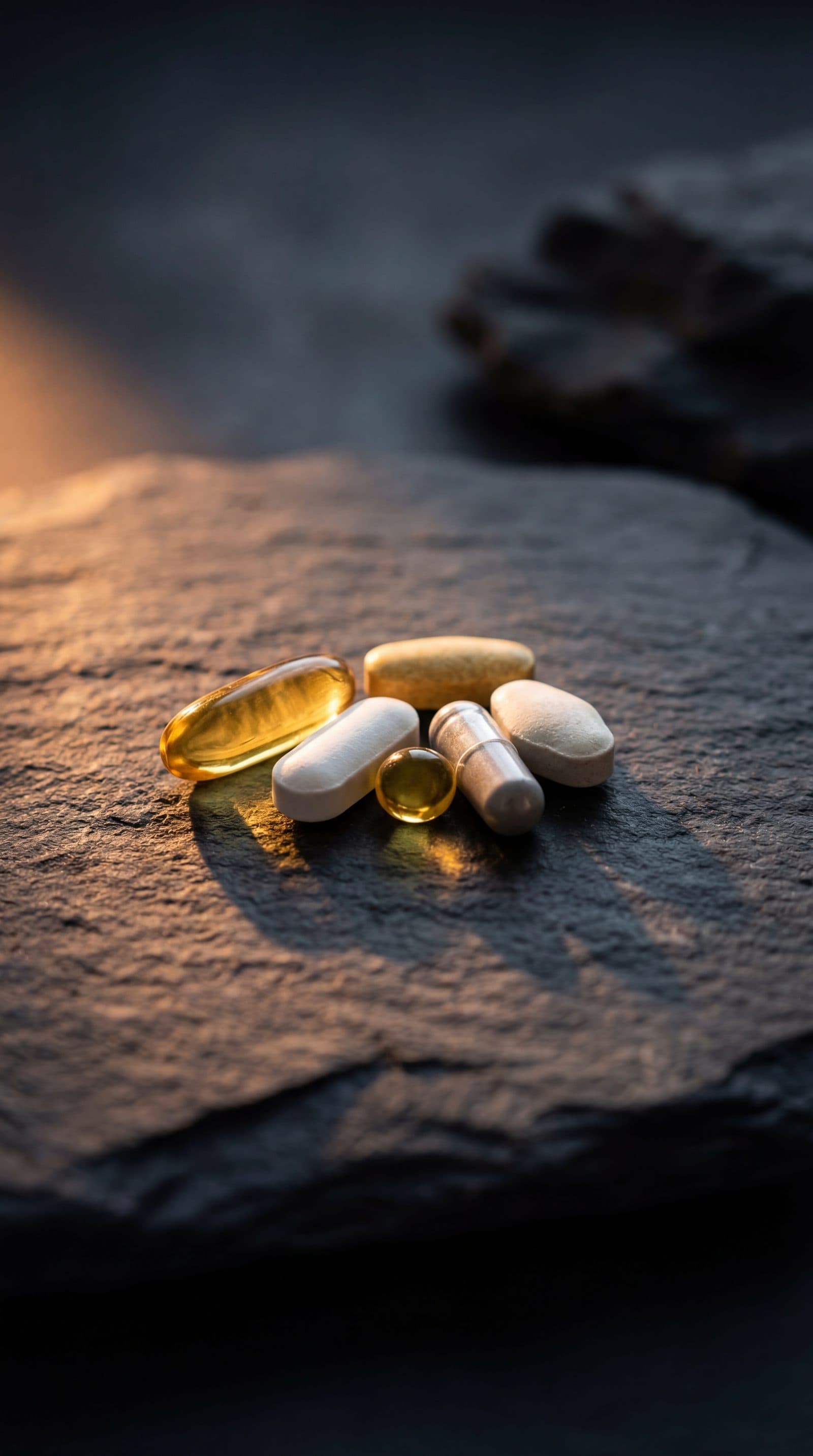 Five supplement capsules on a slate background