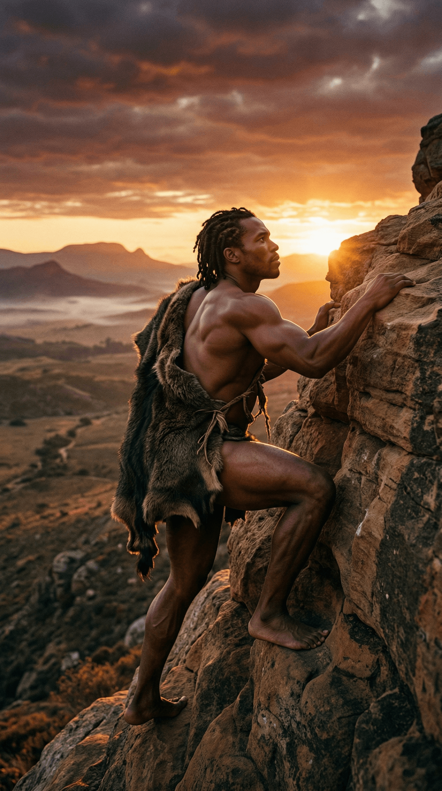 Ancestral figure climbing rock face at sunset