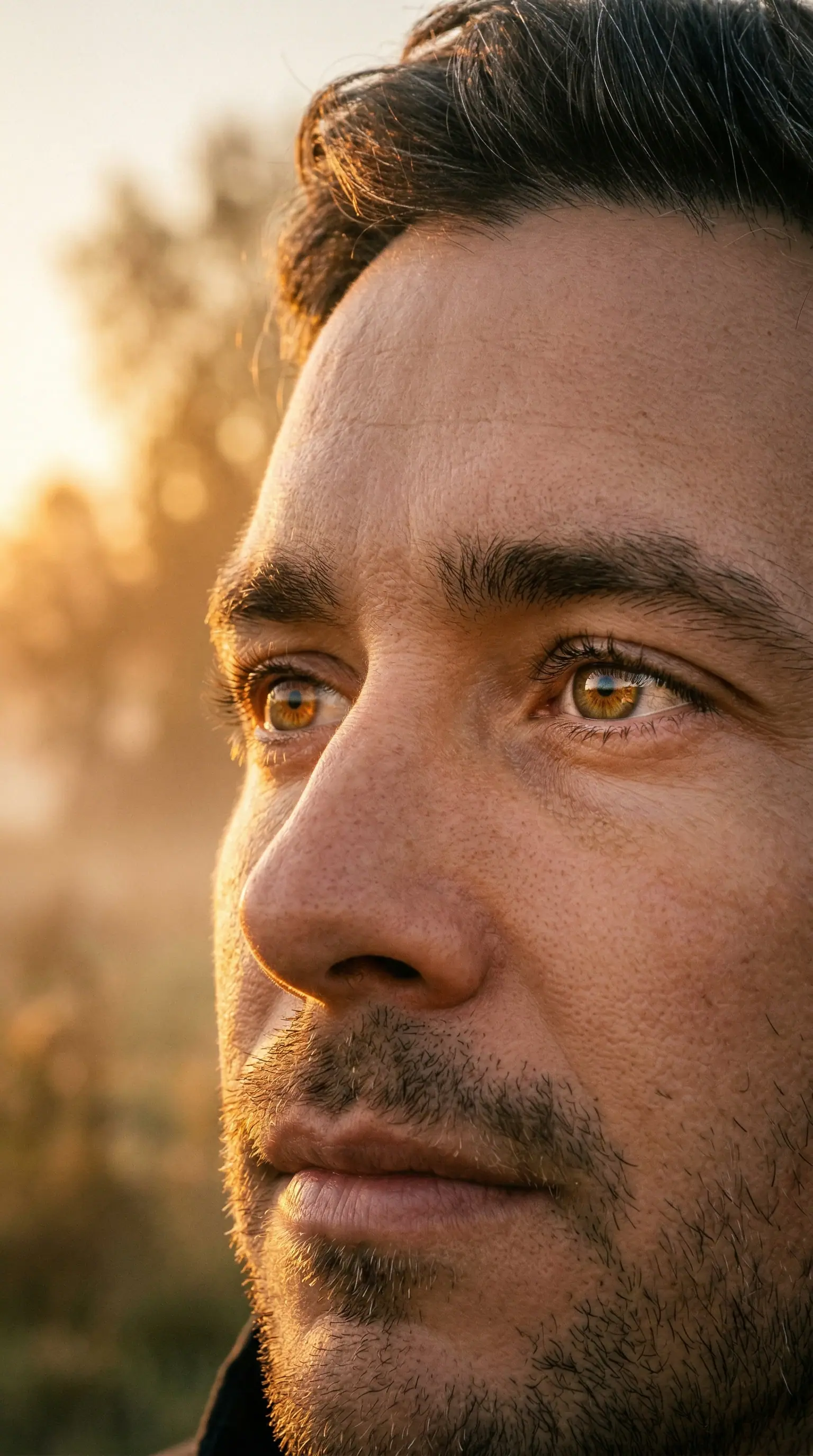 Eyes catching golden sunrise light at dawn